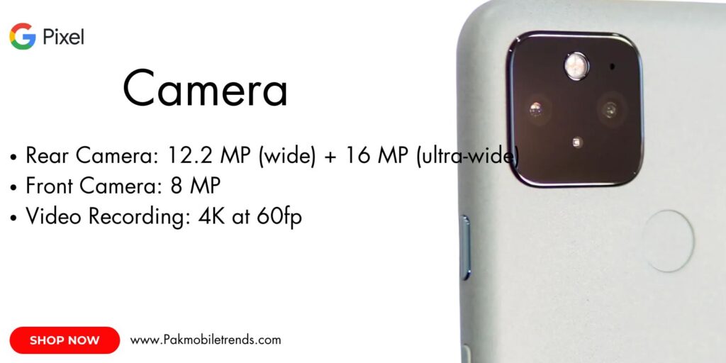 Close-up of the Google Pixel 5 dual-camera system with a sleek matte finish, showcasing its 12.2 MP main sensor and 16 MP ultra-wide lens
