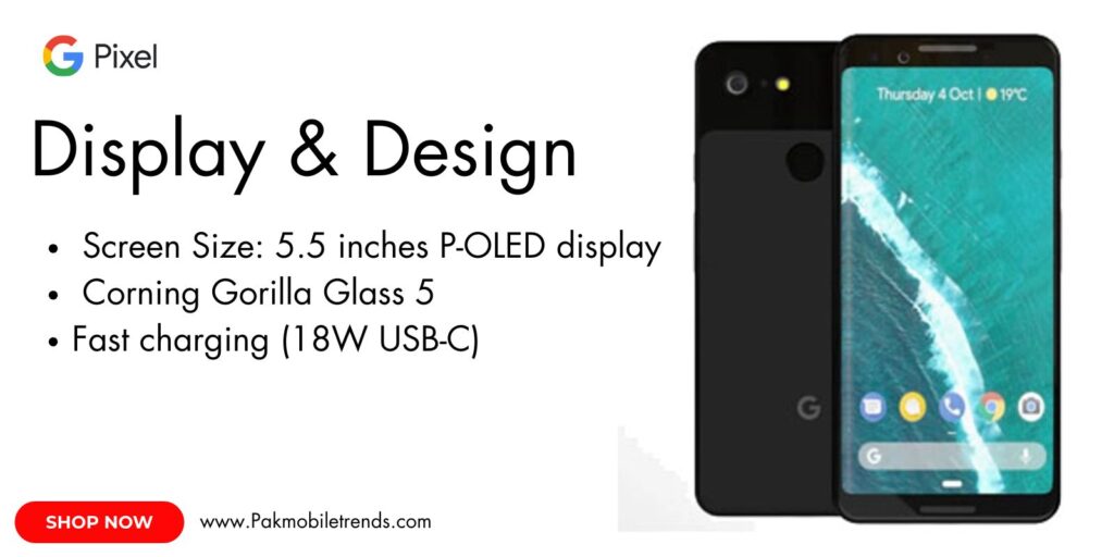 Google Pixel 3 smartphone displaying a vibrant home screen with app icons and widgets, showcasing its 5.5-inch OLED display.