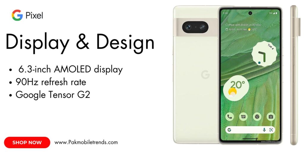 Google Pixel 7 smartphone showcasing its vibrant OLED display with smooth 90Hz refresh rate and sleek design.