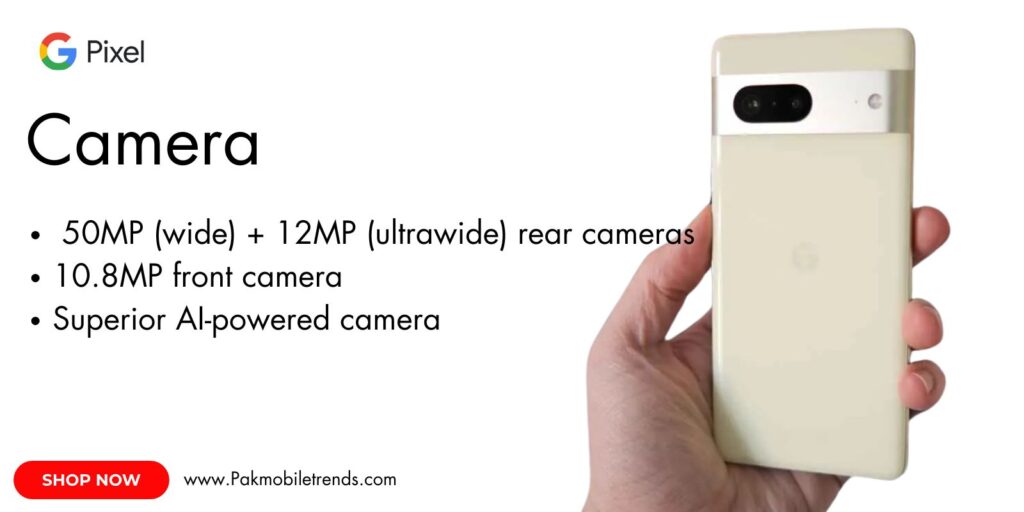 Close-up of the Google Pixel 7's dual rear camera system with a sleek aluminum frame and glossy glass back, showcasing its advanced photography capabilities.