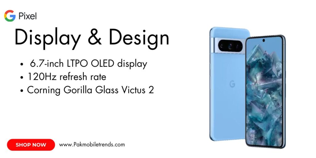Google Pixel 8 Pro featuring a vibrant 6.7-inch OLED display with smooth 120Hz refresh rate and high-resolution clarity.