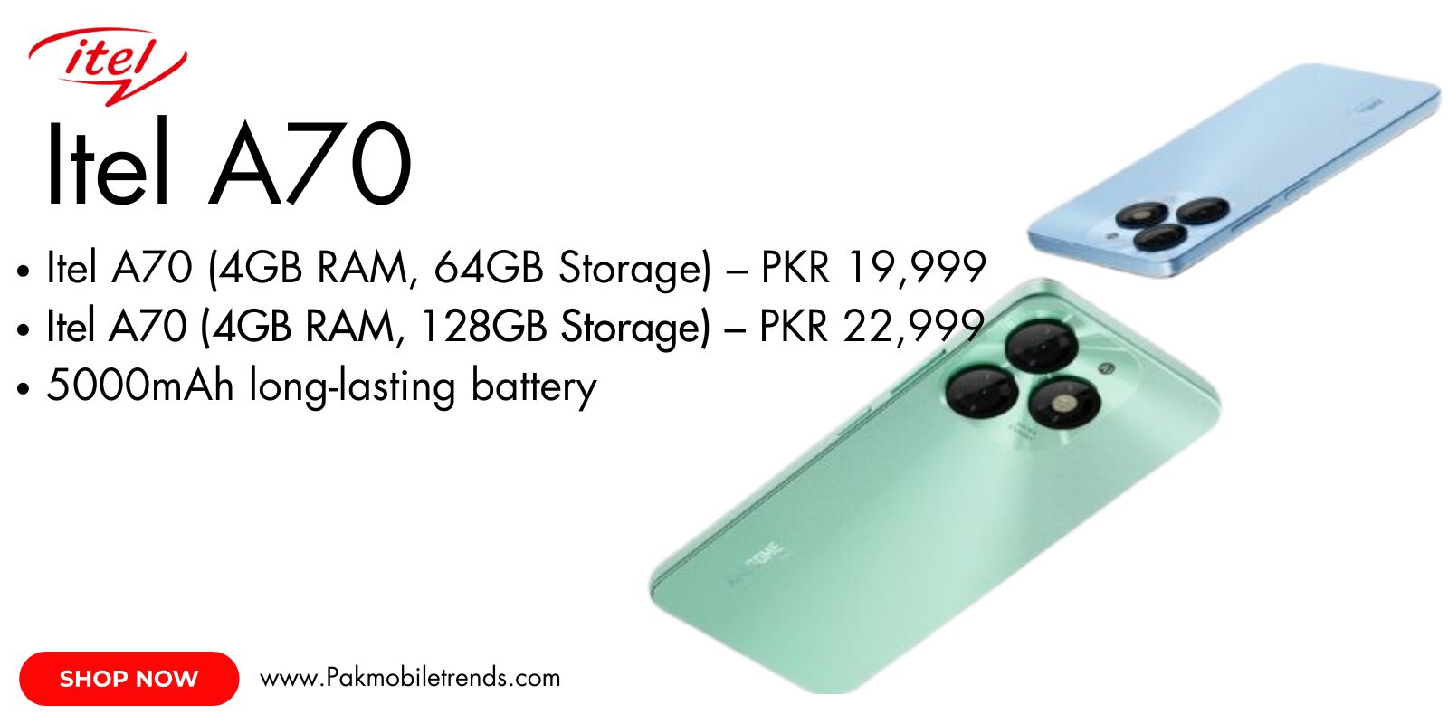 Itel A70 smartphone showcasing sleek design, large display, and modern features for an enhanced user experience