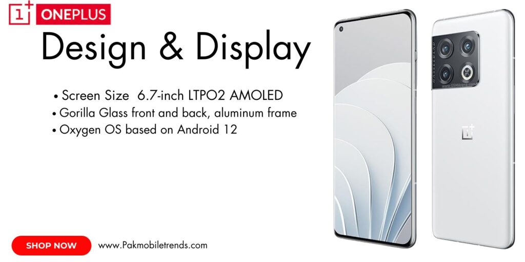 OnePlus 10 Pro featuring a vibrant 6.7-inch AMOLED display with 120Hz refresh rate, HDR10+, and QHD+ resolution for stunning visuals.
