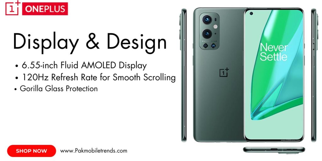 OnePlus 9 smartphone featuring a vibrant 6.55-inch Fluid AMOLED display with 120Hz refresh rate and HDR10+ support.