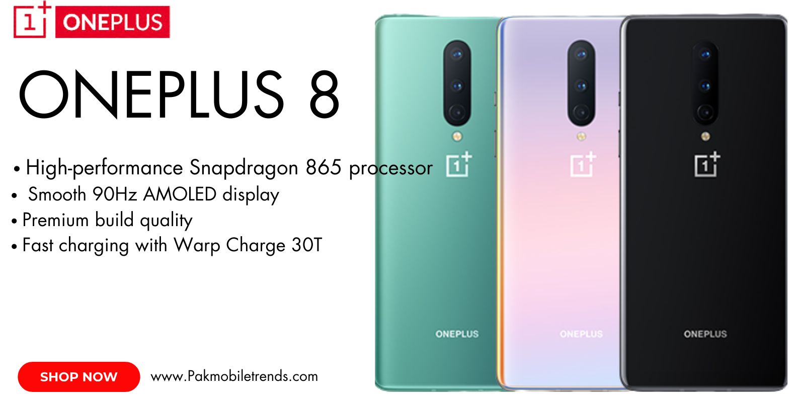 OnePlus 8 smartphone showcasing its sleek design, vibrant display, and premium features on a clean background