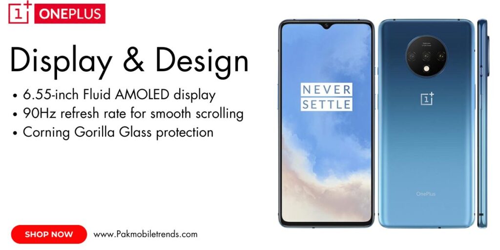 OnePlus 7T featuring a 6.55-inch Fluid AMOLED display with 90Hz refresh rate and HDR10+ support for vibrant visuals
