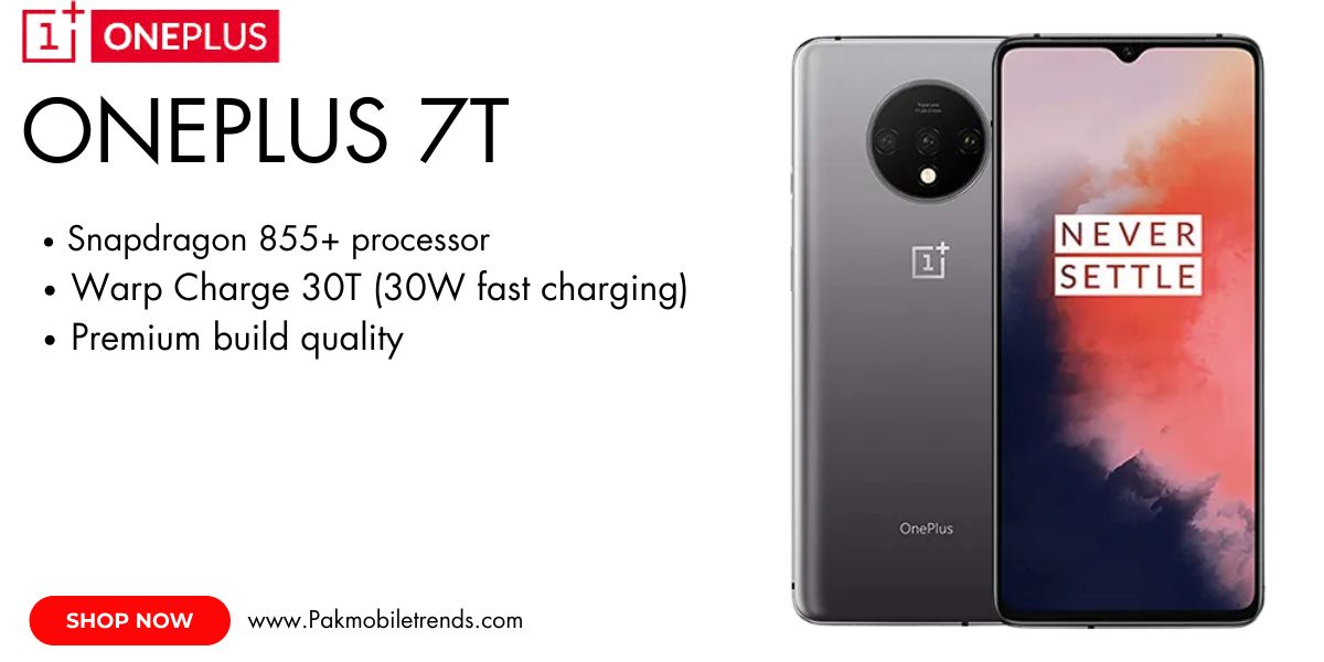 OnePlus 7T smartphone featuring a sleek design, triple camera setup, and a vibrant AMOLED display.