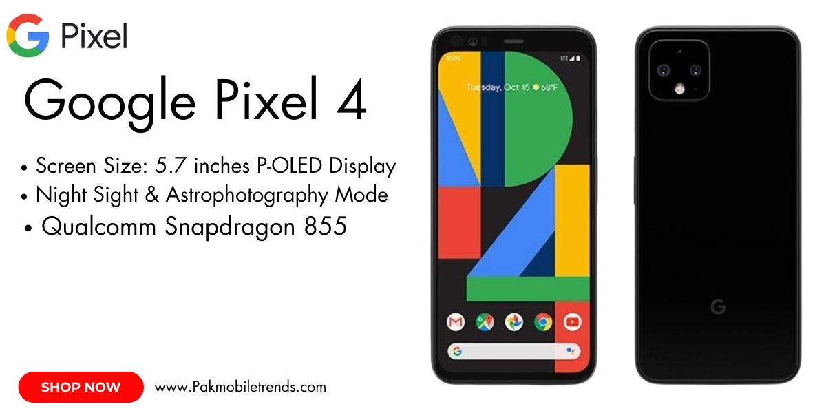 Google Pixel 4 smartphone showcasing its sleek design, dual rear cameras, and compact display on a white background.