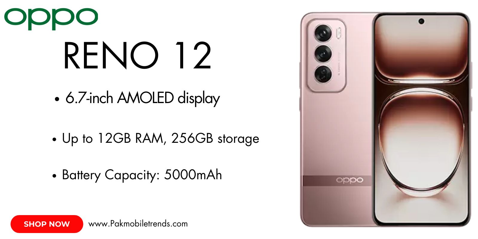 OPPO Reno 12 smartphone displaying its 6.7-inch curved AMOLED screen with vibrant visuals.