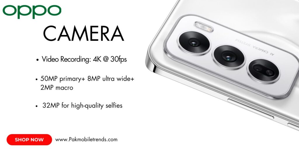 oppo Reno 12 showcasing its triple rear camera setup with 50MP main sensor, 8MP ultra-wide lens, and 2MP macro lens