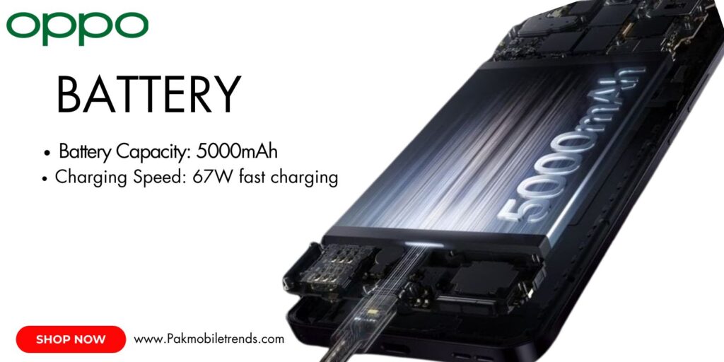 OPPO Reno 12 smartphone displaying its 5000mAh battery with 80W fast charging capability.