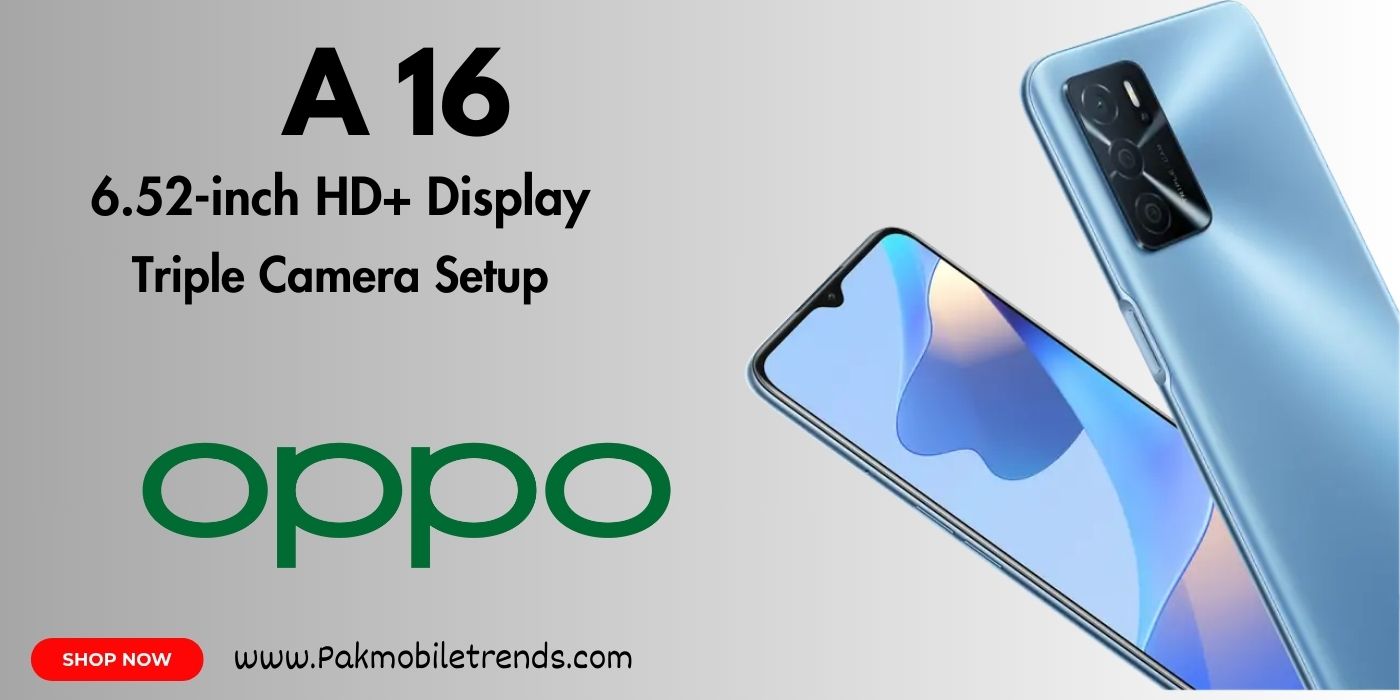 "Oppo A16 smartphone with sleek design, triple-camera setup, and HD+ display."