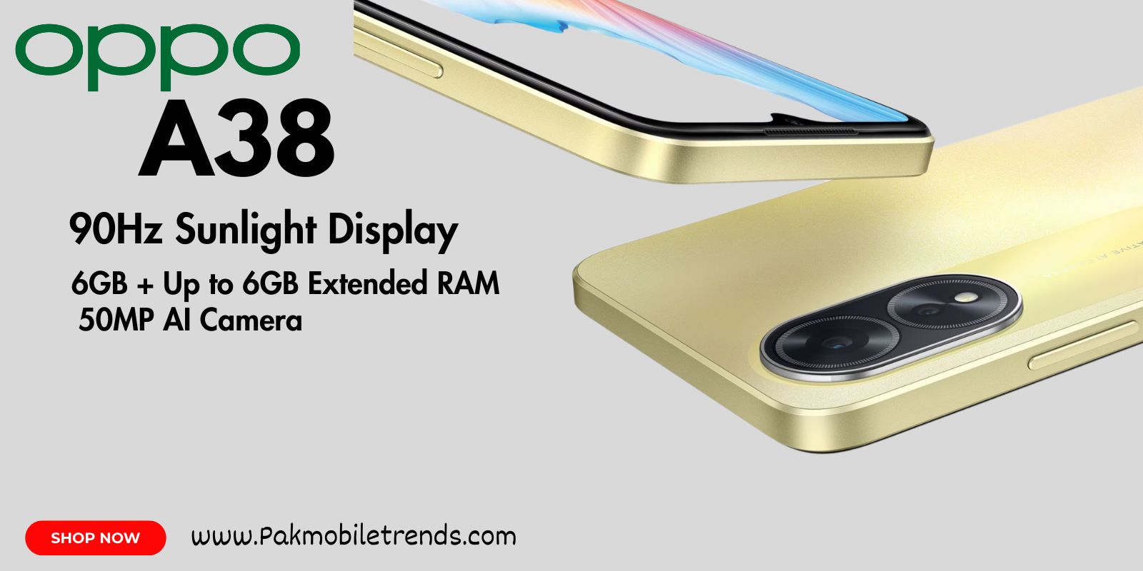 Oppo A38 smartphone in gold color, showcasing sleek design, large display, and dual-camera setup