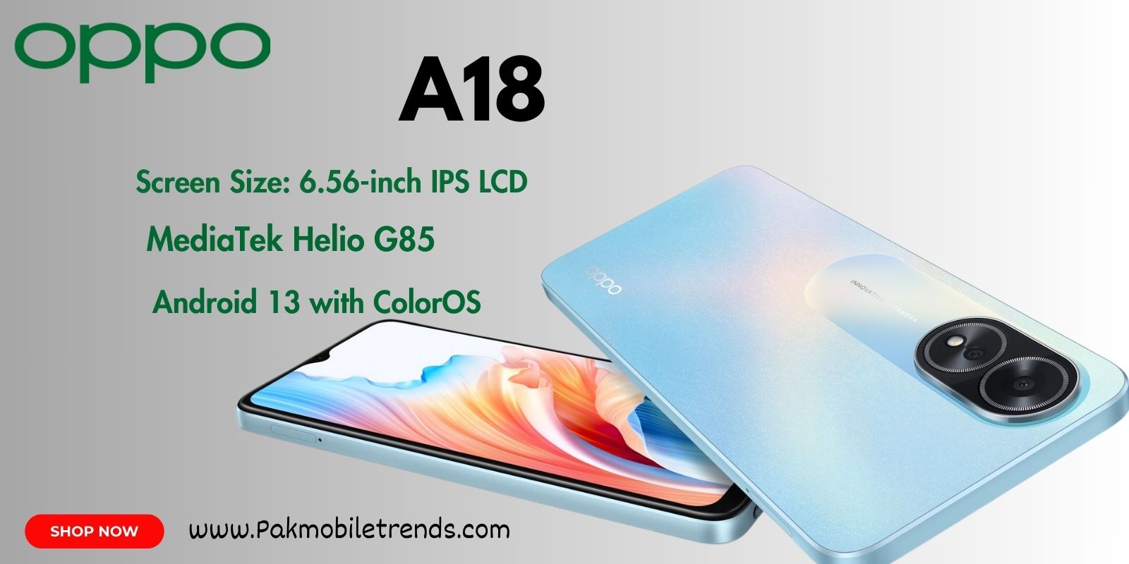 "Oppo A18 smartphone front and back view, showcasing sleek design and display."