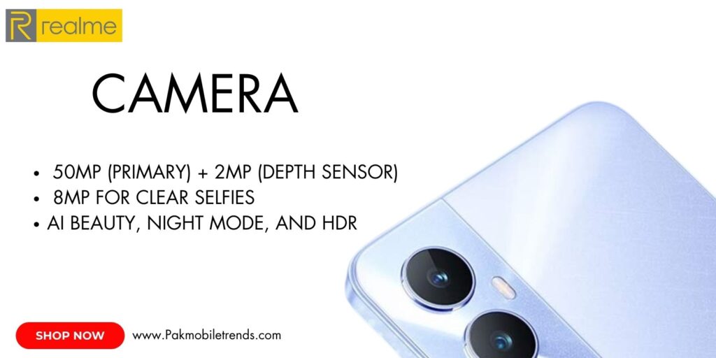 Realme C65 smartphone showcasing its advanced camera setup with AI features and high-resolution capabilities.