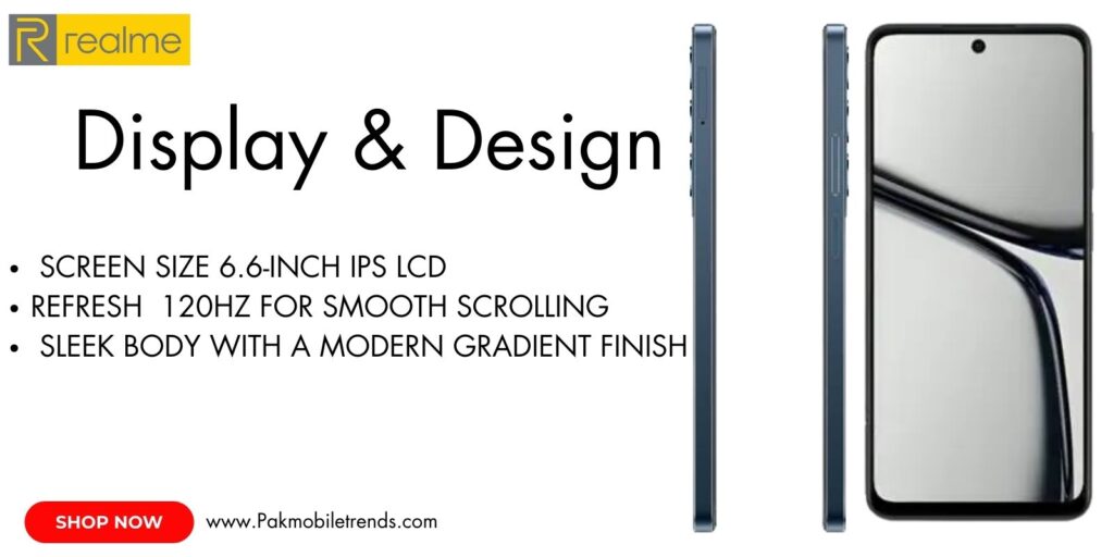 Realme C65 smartphone featuring a vibrant 6.67-inch HD+ display with a smooth 90Hz refresh rate for seamless visuals.