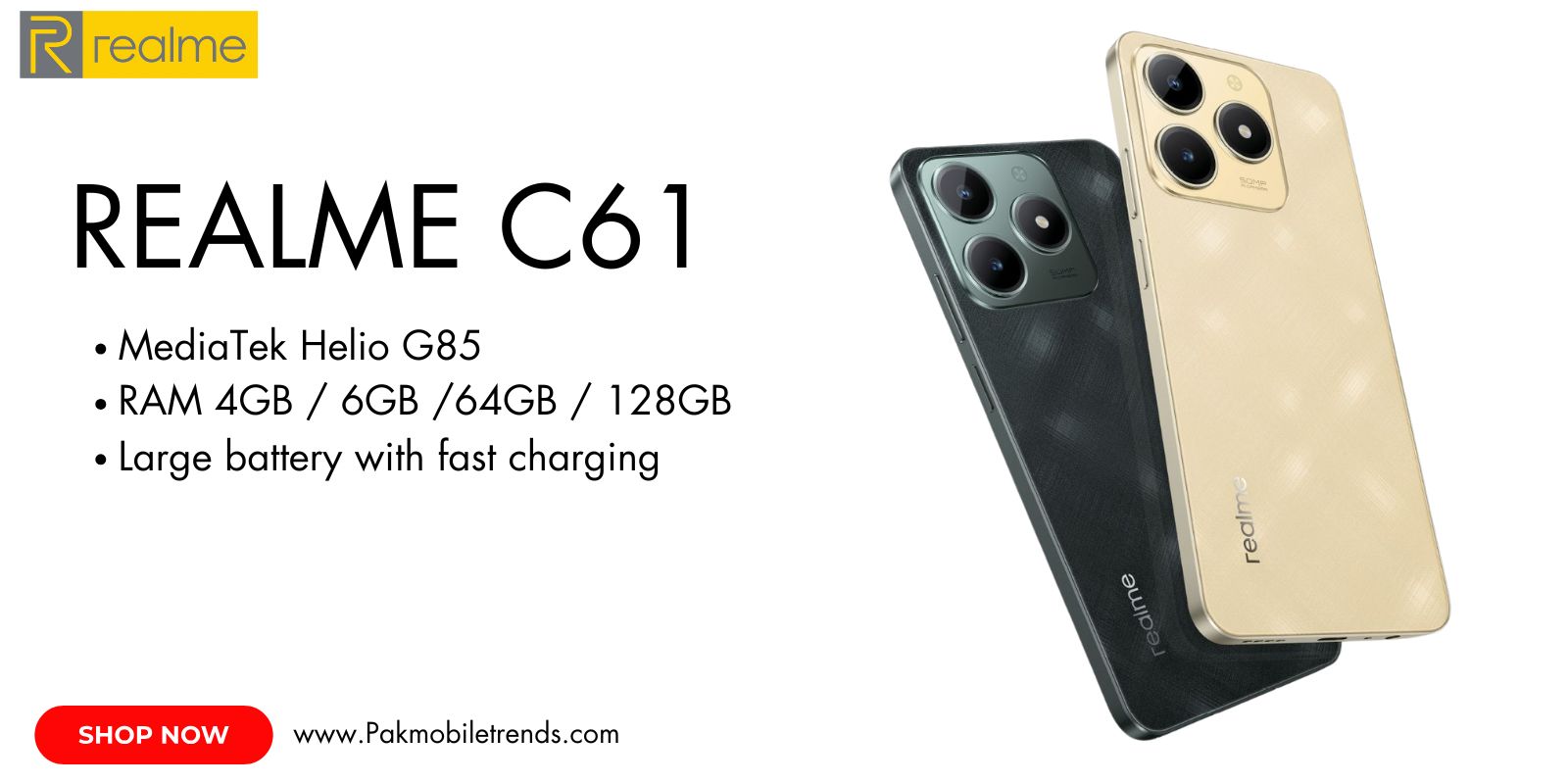 "Realme C61 smartphone showcasing sleek design, vibrant display, and dual-camera setup in a stylish color variant.
