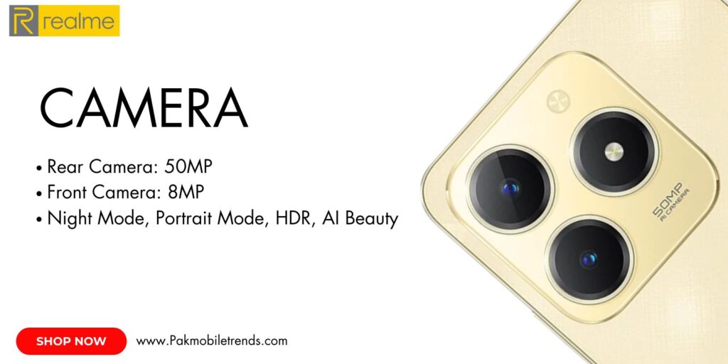 Realme C61 smartphone showcasing its high-quality camera with AI features, perfect for capturing stunning photos and videos.