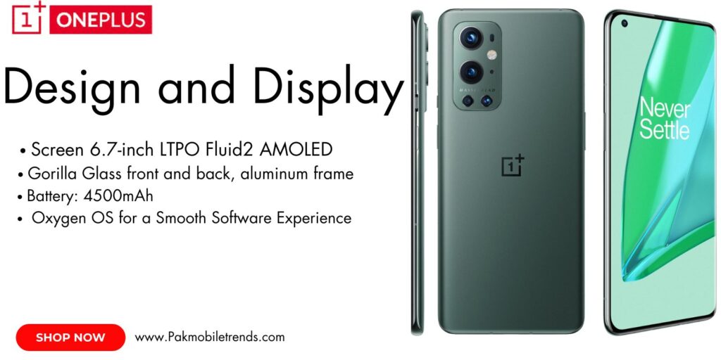 OnePlus 9 Pro smartphone showcasing its vibrant 6.7-inch Fluid AMOLED display with 120Hz refresh rate and HDR10+ support.