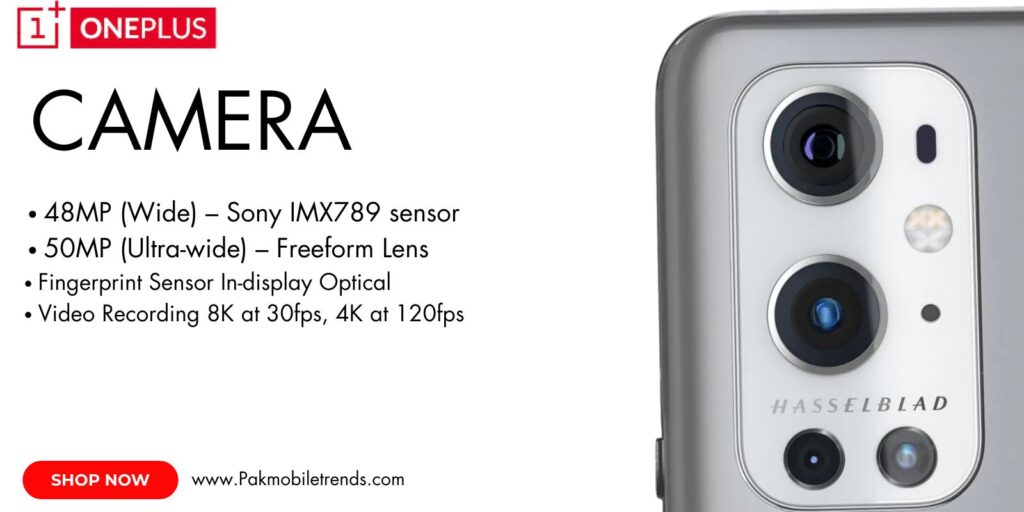 OnePlus 9 Pro smartphone showcasing its advanced Hasselblad camera system with ultra-wide, wide, and telephoto lenses.