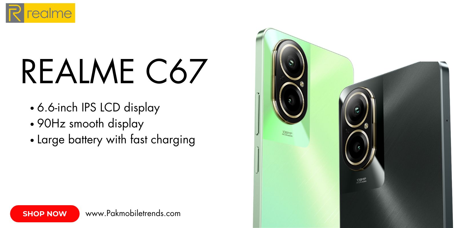 Realme C67 smartphone featuring a sleek design, vibrant display, and powerful performance for everyday use.