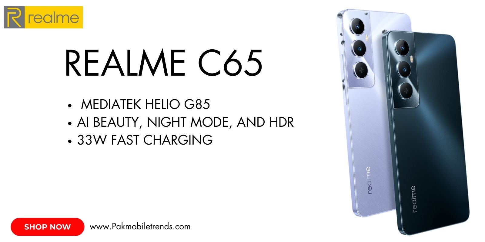 Realme C65 smartphone showcasing its high-resolution camera with advanced features for stunning photography.