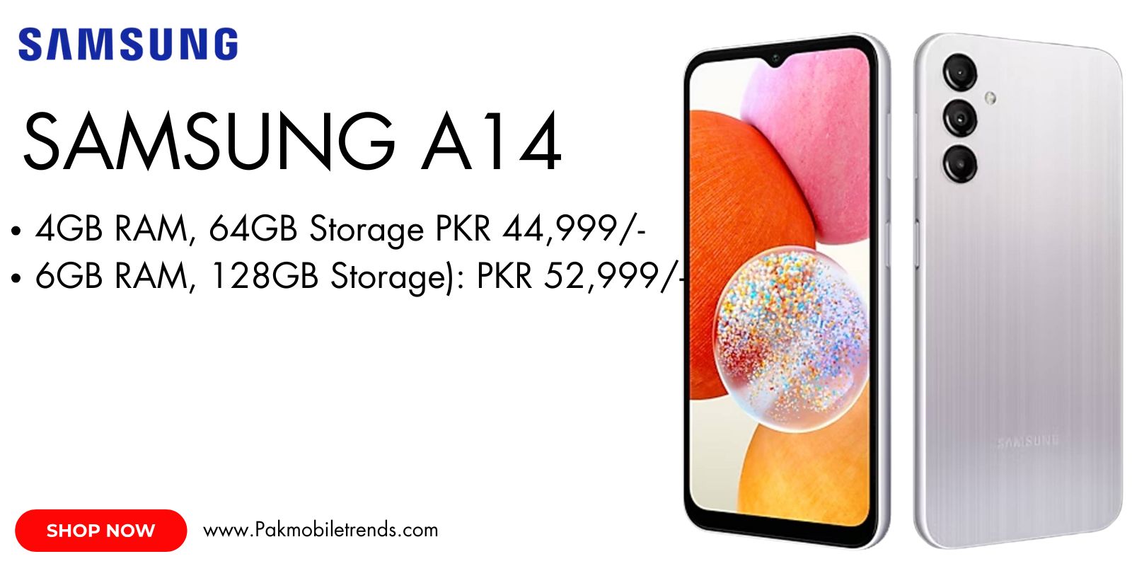 Samsung Galaxy A14 smartphone displayed on a white background, showcasing its sleek design, large display, and triple rear camera setup.