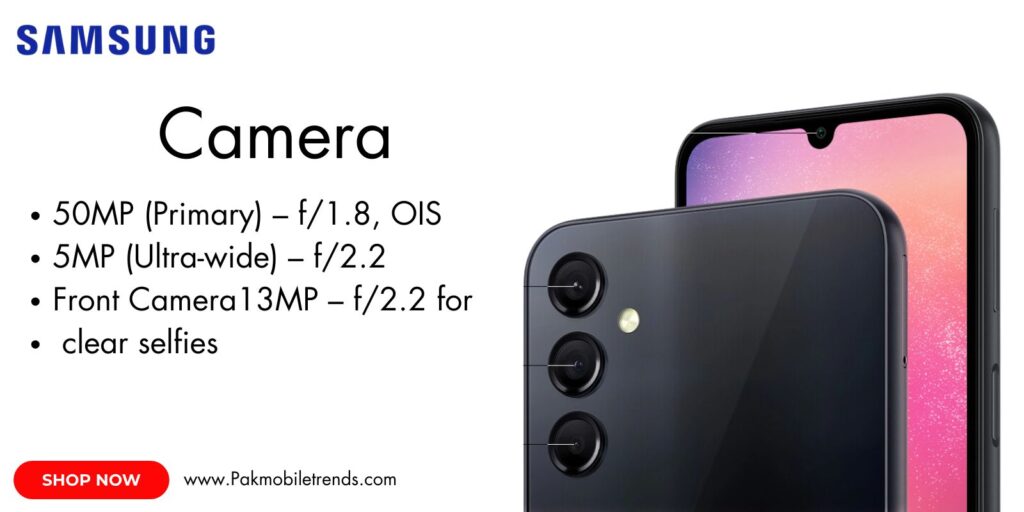 Samsung Galaxy A24 smartphone showcasing its advanced multi-camera setup, sleek design, and vibrant display.