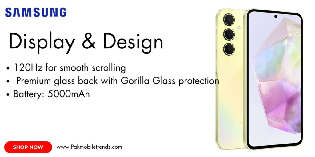 Samsung Galaxy A35 featuring a vibrant AMOLED display with slim bezels and a centered punch-hole camera.