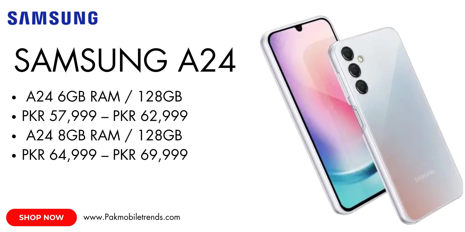 Samsung Galaxy A24 smartphone featuring a sleek design, vibrant display, and triple rear camera setup.