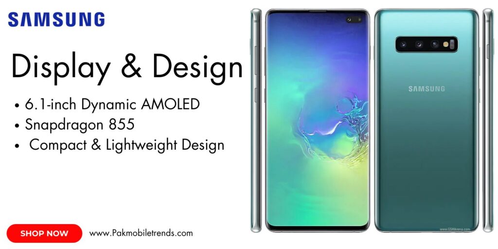 Samsung Galaxy S10 featuring a vibrant 6.1-inch Dynamic AMOLED display with HDR10+ support and a sleek edge-to-edge design.
