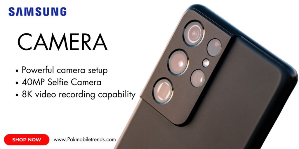 Samsung Galaxy S21 Ultra smartphone showcasing its advanced quad-camera setup, including a 108MP main sensor, 10x optical zoom, and 8K video recording capabilities.