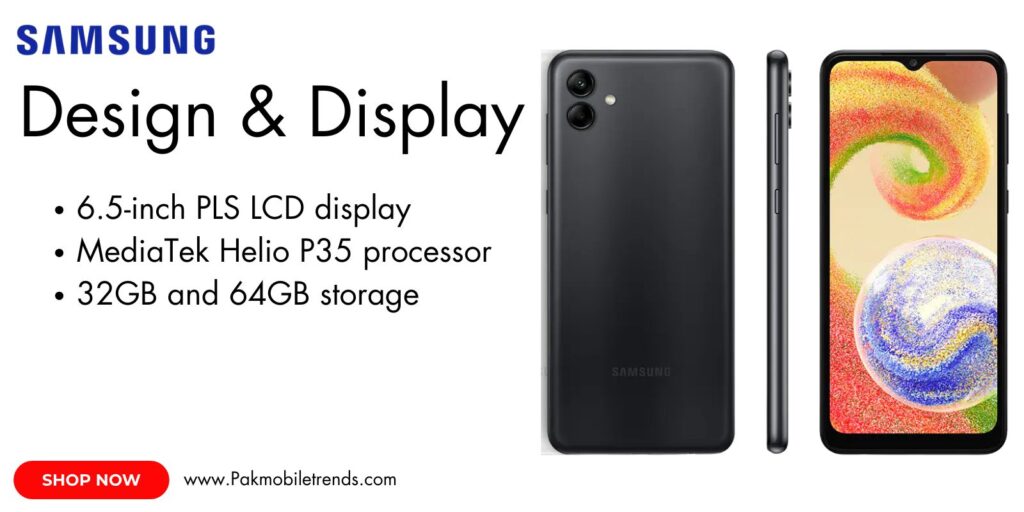 Samsung Galaxy A04 smartphone with a sleek display, vibrant colors, and modern design.