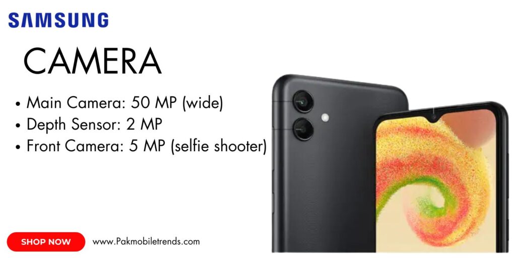 Samsung Galaxy A04 smartphone showcasing its sleek design and dual-camera setup for stunning photos and videos.