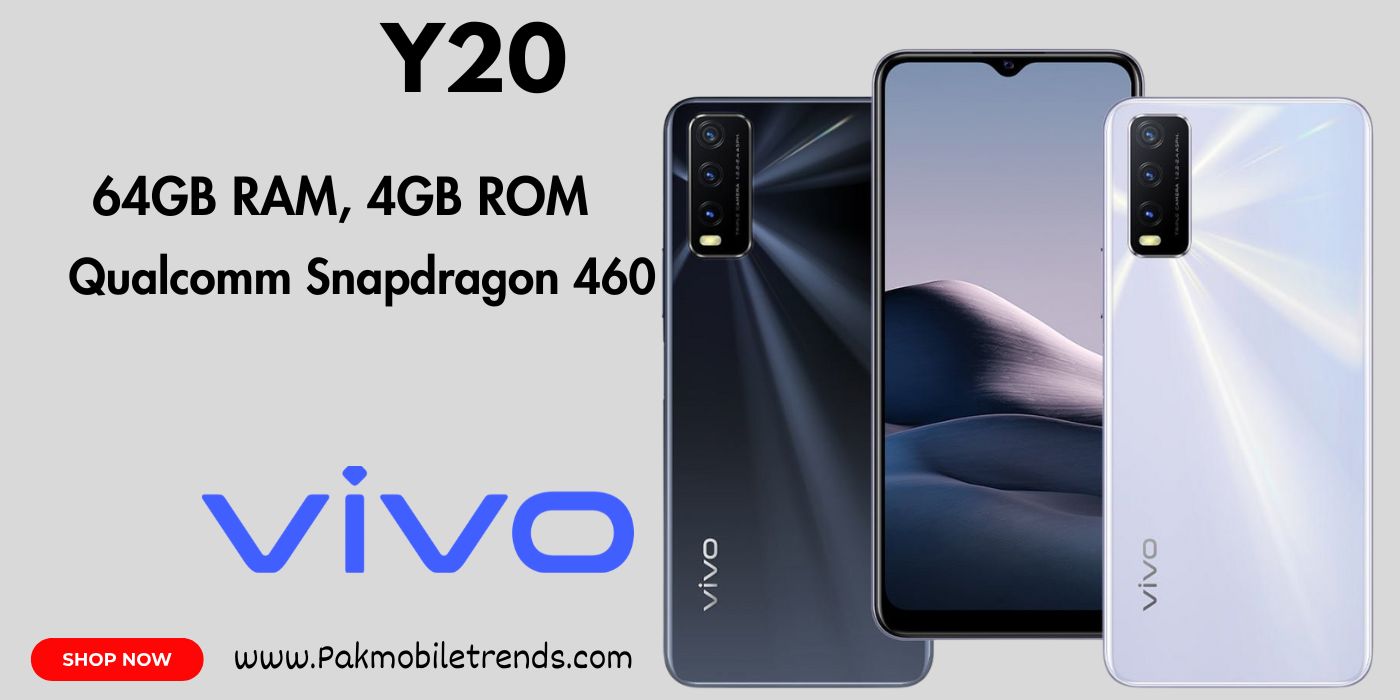 "Vivo Y20 smartphone front and back view with sleek design and large display"