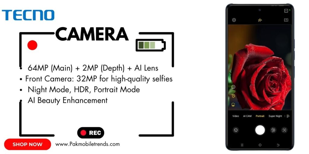 Close-up of the Tecno Camon 20 smartphone showcasing its advanced multi-lens rear camera setup with AI-powered features, sleek design, and vibrant color options.