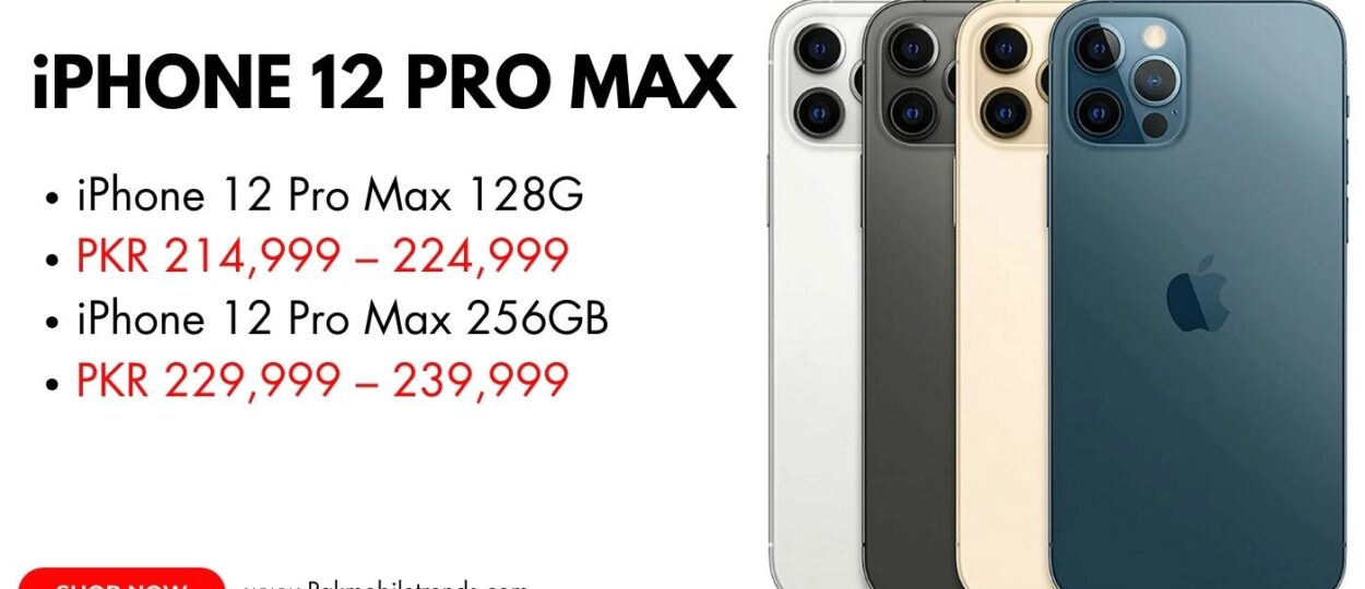 "iPhone 12 Pro Max in Pacific Blue showcasing its triple-camera system and Super Retina XDR display.