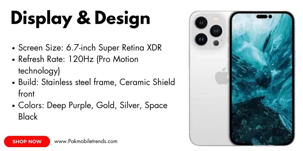 iPhone 14 Pro Max Super Retina XDR display with Pro Motion and Always-On technology.