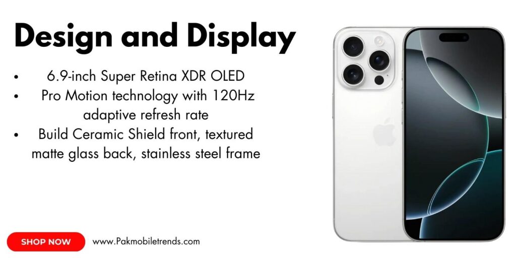 Sleek iPhone 16 Pro Max with stunning edge-to-edge OLED display, triple-lens camera, and titanium frame, showcasing its elegant design.