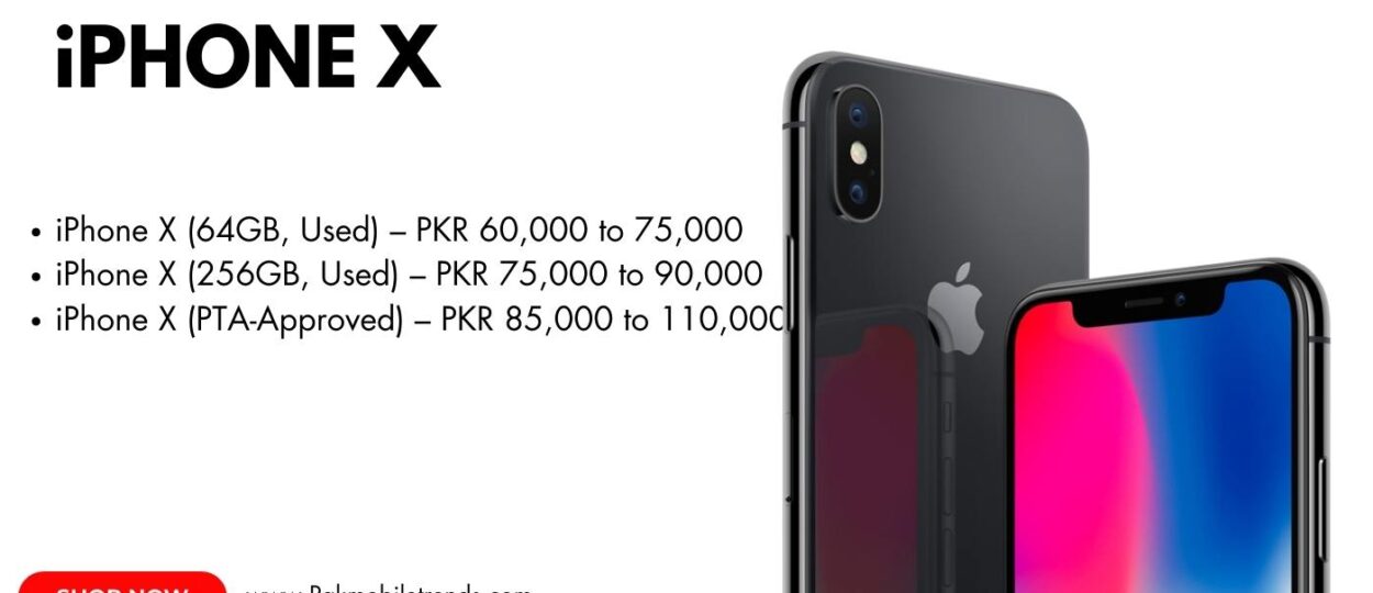 iPhone X with edge-to-edge OLED display and dual-camera system in sleek silver finish.