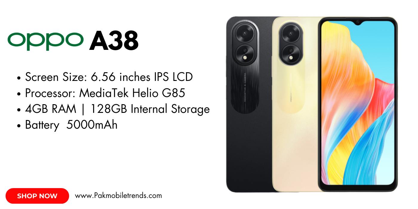 OPPO A38 smartphone featuring a sleek design, dual rear cameras, and a vibrant display, showcased in a modern setting.