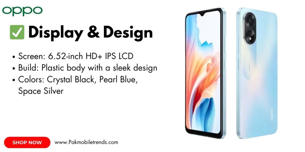 Oppo A18 smartphone featuring a vibrant 6.56-inch HD+ display with a 90Hz refresh rate, waterdrop notch, and slim bezels for an immersive viewing experience.