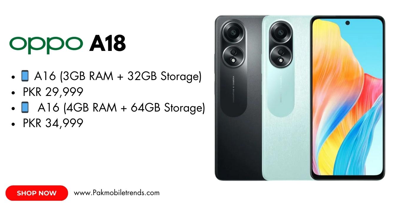 A sleek Oppo A18 smartphone displayed on a flat surface, showcasing its glossy finish, dual rear cameras, and vibrant display. The device is surrounded by a minimalist background, emphasizing its modern design and compact size.