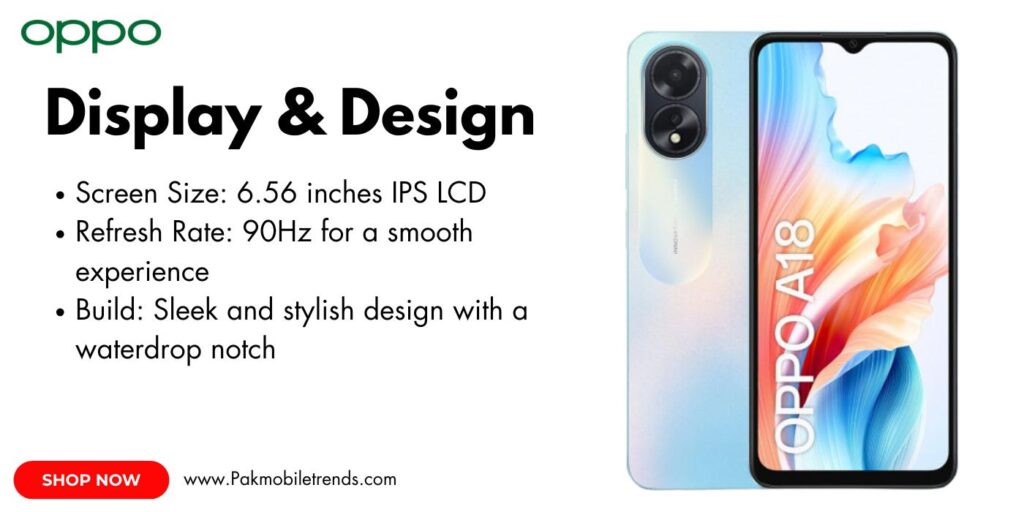 Oppo A38 smartphone featuring a vibrant 6.56-inch HD+ display with a 90Hz refresh rate, waterdrop notch, and slim bezels for an immersive viewing experience.