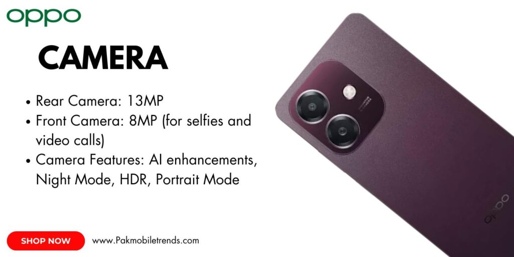 Close-up of the Oppo A3x smartphone showcasing its dual rear camera setup with AI-enhanced photography features, sleek design, and vibrant display.