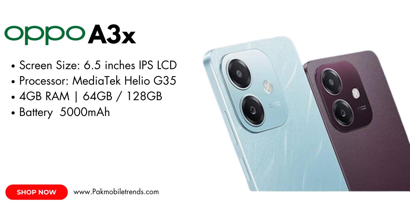 Oppo A3x smartphone displayed on a white background, showcasing its sleek design, dual rear cameras, and waterdrop notch display