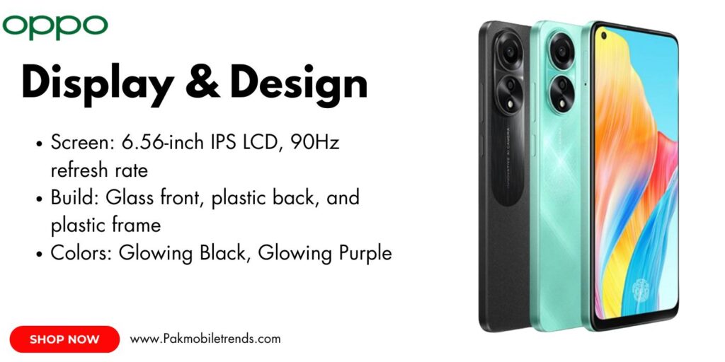 OPPO A78 smartphone featuring a sleek design, vibrant AMOLED display, dual rear cameras, and a glossy finish, showcasing its modern and stylish aesthetics.