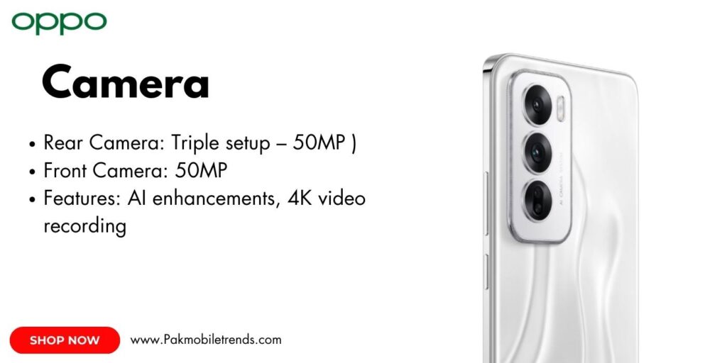 Oppo Reno 12 smartphone showcasing its advanced AI-powered camera with ultra-clear night mode and 50MP lens.