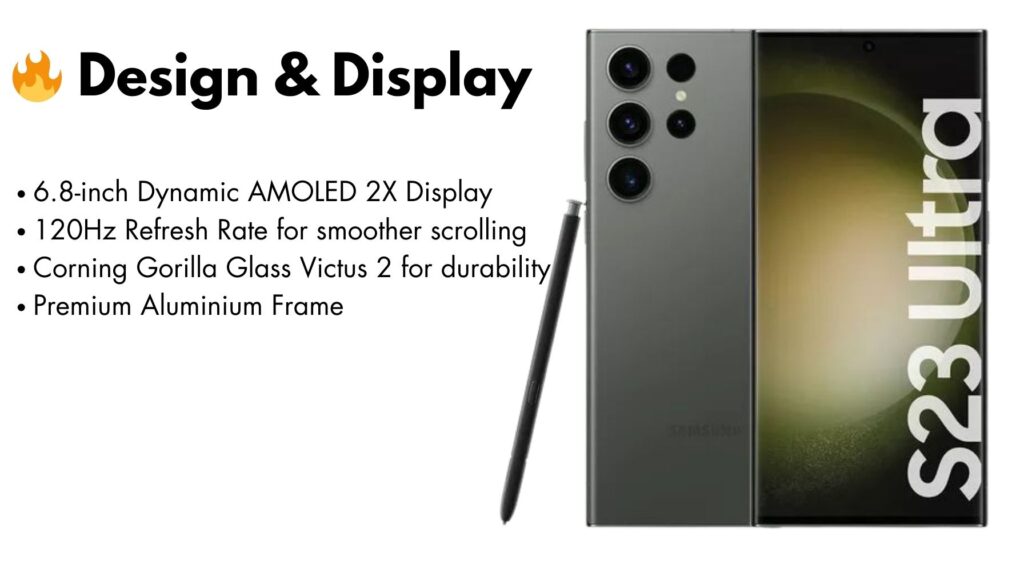 amsung Galaxy S23 Ultra stunning edge-to-edge Dynamic AMOLED 2X display with vibrant colors and high resolution.