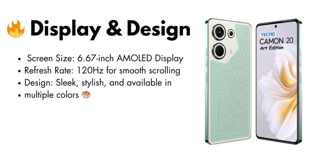 Tecno Camon 20 smartphone showcasing its vibrant display and sleek design